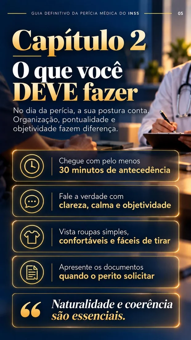 Página do ebook com orientações sobre pontualidade, clareza e organização no dia da perícia